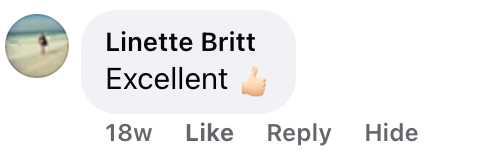 Facebook comment from Linette Britt: Excellent