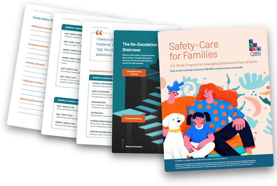 The 5-Week Safety-Care Program workbook: cover with the De-Escalation Staircase, a completed Prevention Plan, De-Escalation Plan examples, and the Family Safety Plan behind it