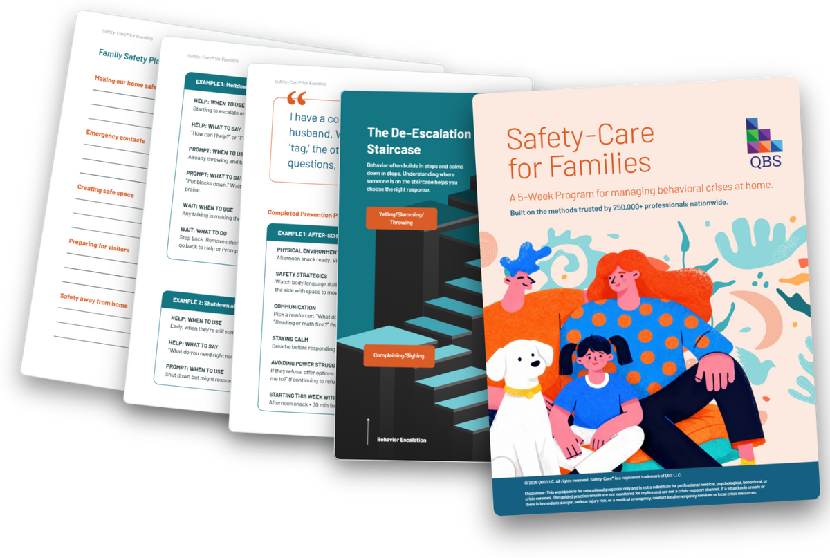 Inside the 5-Week Safety-Care Program workbook: the Family Safety Plan, Prevention Plan examples, De-Escalation Plan examples, and the De-Escalation Staircase, fanned behind the cover